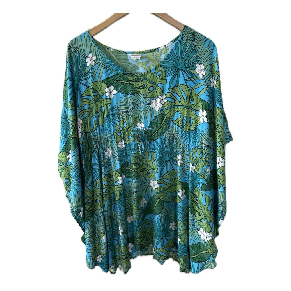 Hula Bay Hawaiian Monstera Plumeria Flowers Batwing Kaftan Swim Cover Up Top S/M